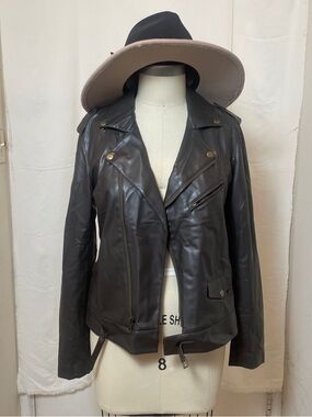 Brown Leather Moto Jacket with Asymmetrical Zip